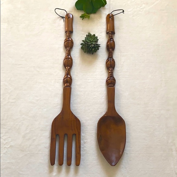 Vintage Other - Vintage 70s Large Wooden Fork & Spoon Wall Decor